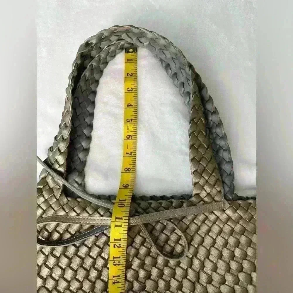 Large Woven Vegan Metallic Tote Bag With Tie Closure. - Picture 3 of 6